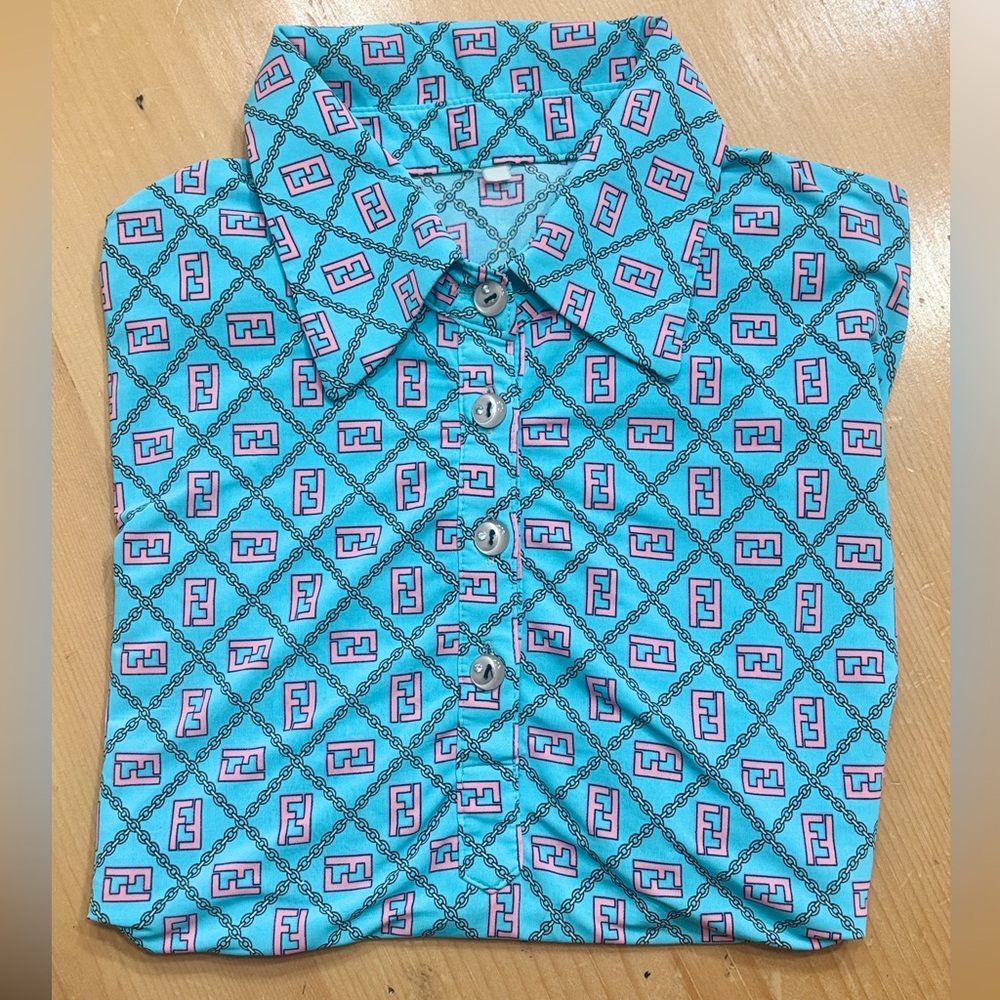 Fendi Turquoise & Pink Succa Logo Polo Shirt